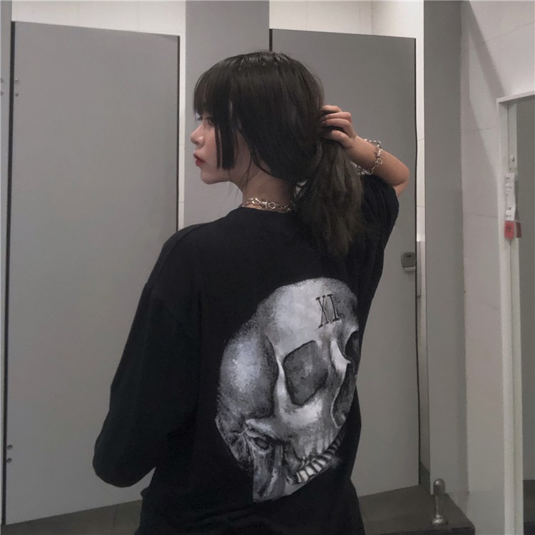 Áo Thun Ngắn Tay Unisex In Hình Đầu Lâu Phong Cách Harajuku