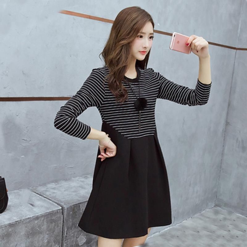 Đầm Dáng Chữ A Họa Tiết Kẻ Sọc Đen Trắng Phong Cách Hàn Quốc Thời Trang Cho Nữ