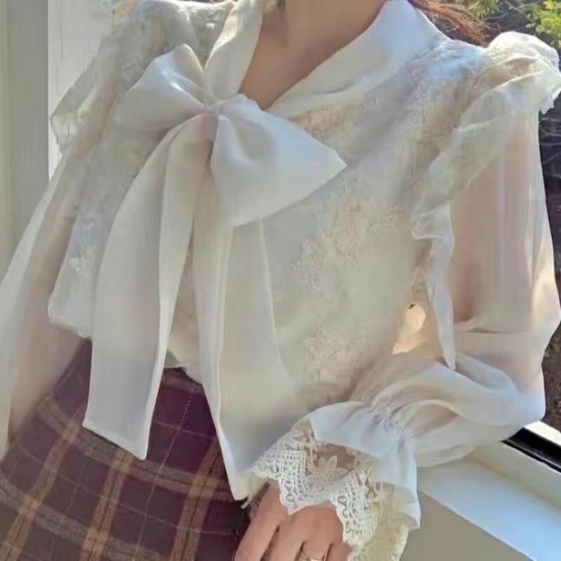 Áo sơ mi ren thắt nơ bánh bèo cho nữ