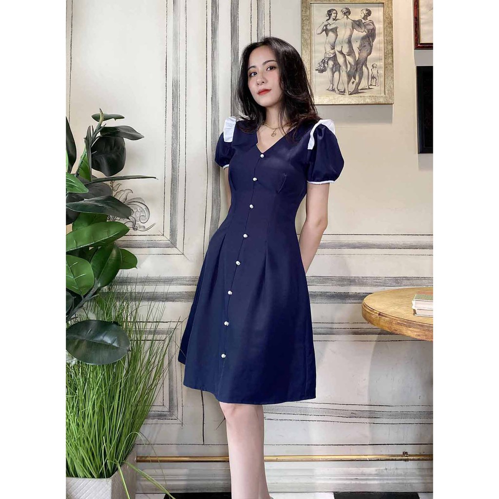 Đầm công sở thiết kế cao cấp tay ngắn màu xanh đen che bụng tốt vải mềm mát thoải mái không nhăn - Lux W