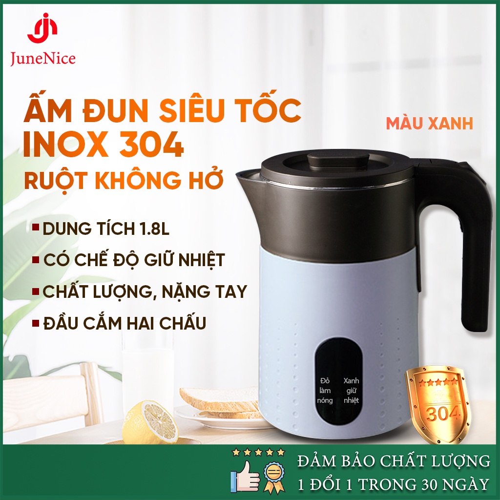 Ấm đun nước siêu tốc giữ nhiệt tốt June Nice, lõi liền inox 2 lớp bảo vệ thiết kế thời trang bắt mắt với màu xanh biển