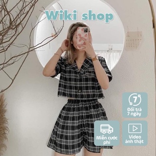 Set croptop cổ vest kẻ caro mix quần váy xòe - Set váy đầm nữ freesize cộc tay mix chân váy cạp chun ngắn xòe C138