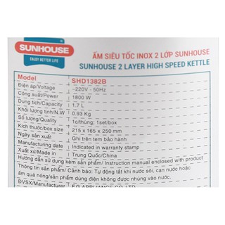 Ấm siêu Inox 2 lớp 1.7L SUNHOUSE SHD1382B