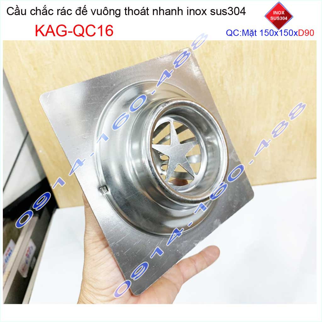 Cầu chắn rác đế vuông 15x15cm D90 KAG-QC16, Phễu thoát nước sân thượng SUS304 ống 9cm thoát nhanh chắn rác tốt