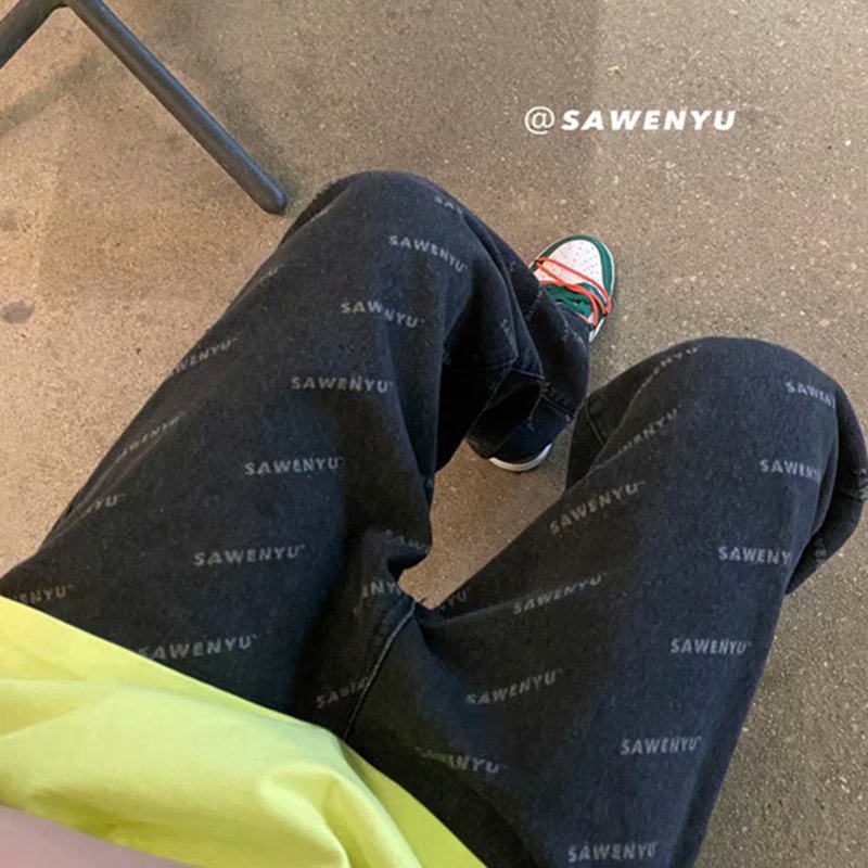 Quần jean ống rộng size lớn phong cách âu mỹ cho nam nữ Hip-Hop Printed Loose Jeans