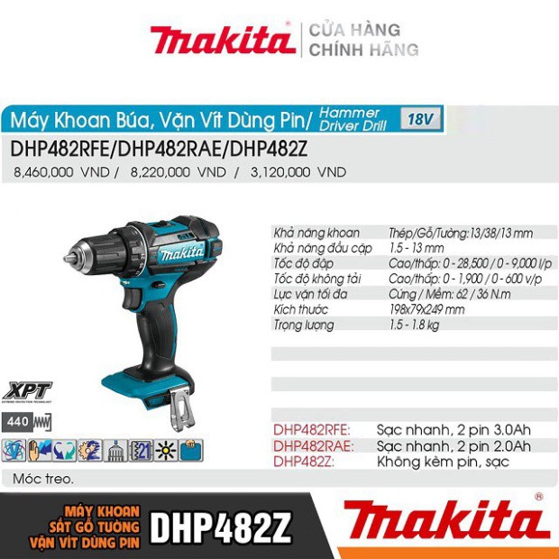 [Chính Hãng] Máy Khoan Bắt Vít Dùng Pin Makita DHP482Z (18V-3.0AH), Bảo Hành Tại Các TTBH Toàn Quốc