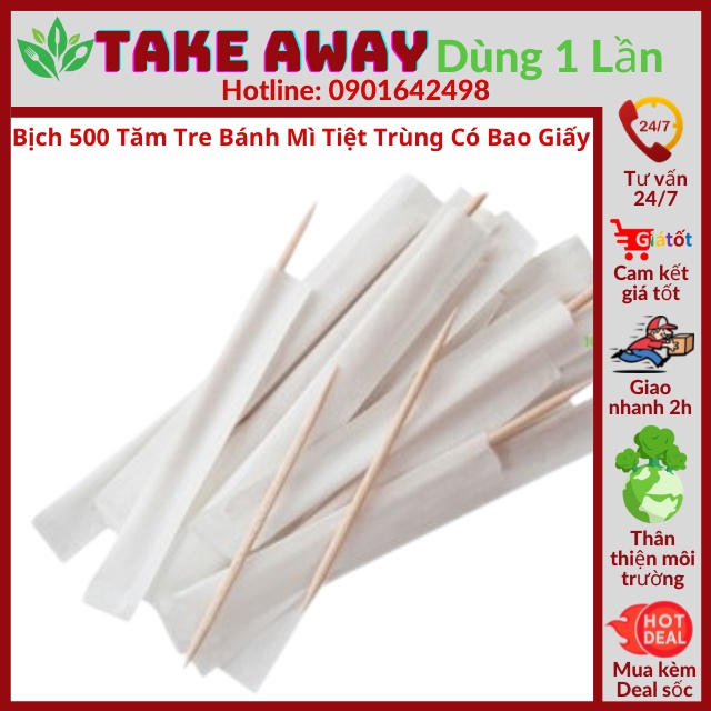 Bịch 600 Tăm xỉa răng, tăm tre tiệt trùng Bánh mì có bao giấy - Take Away Dùng 1 Lần