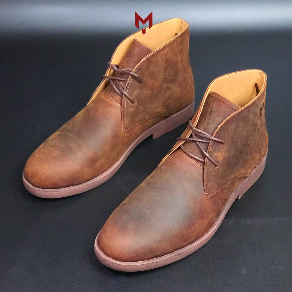 [ Cao Cấp] Giày boots Nam Cổ Lửng Da Sáp Ngựa Điên Chukka Boots Phong Cách Bụi Bặm