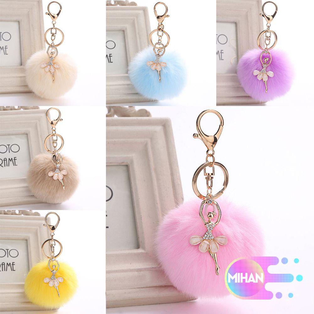 Móc khóa mặt hình vũ công múa ba lê nữ đính đá phối quả bóng lông xù giả lông thỏ nhiều màu tùy chọn dành cho nữ