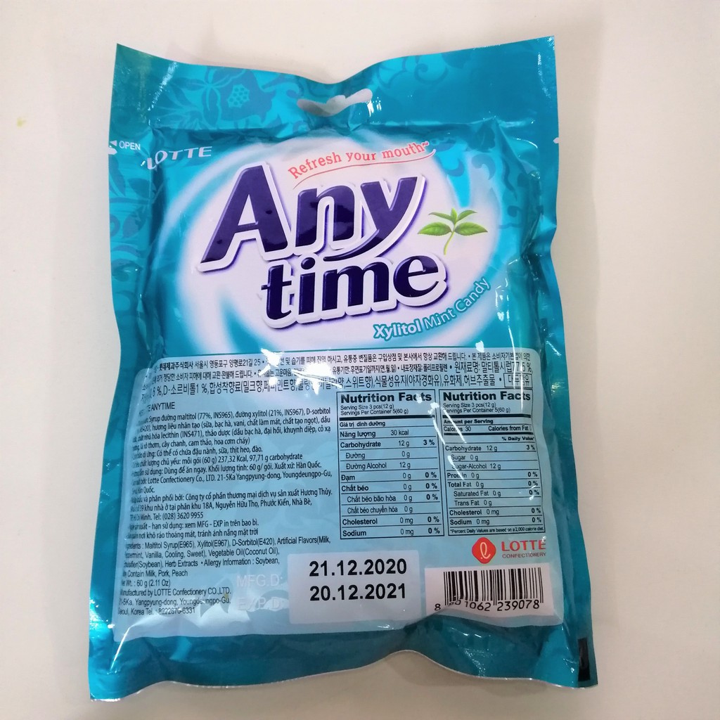 Kẹo Ngậm Hàn Quốc Không Đường Hương Bạc Hà Lotte Anytime Xylitol Mint Candy (Gói 60g)