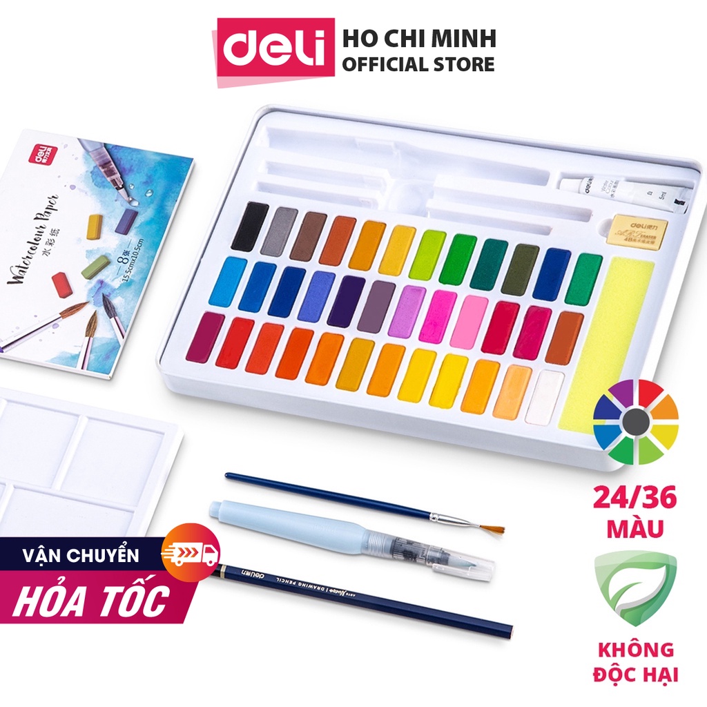 Bộ màu nước dạng nén Deli - 8 phụ kiện đi kèm - hộp sắt - 24 màu/36 màu - 73876 / 73877