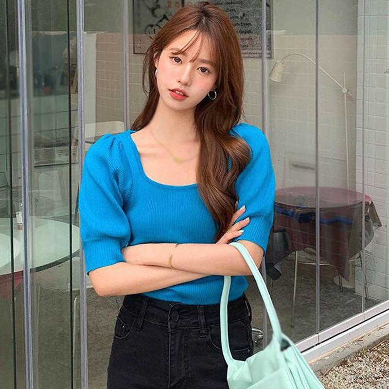 Áo thun tay ngắn cổ vuông màu sắc đơn giản thời trang cho nữ