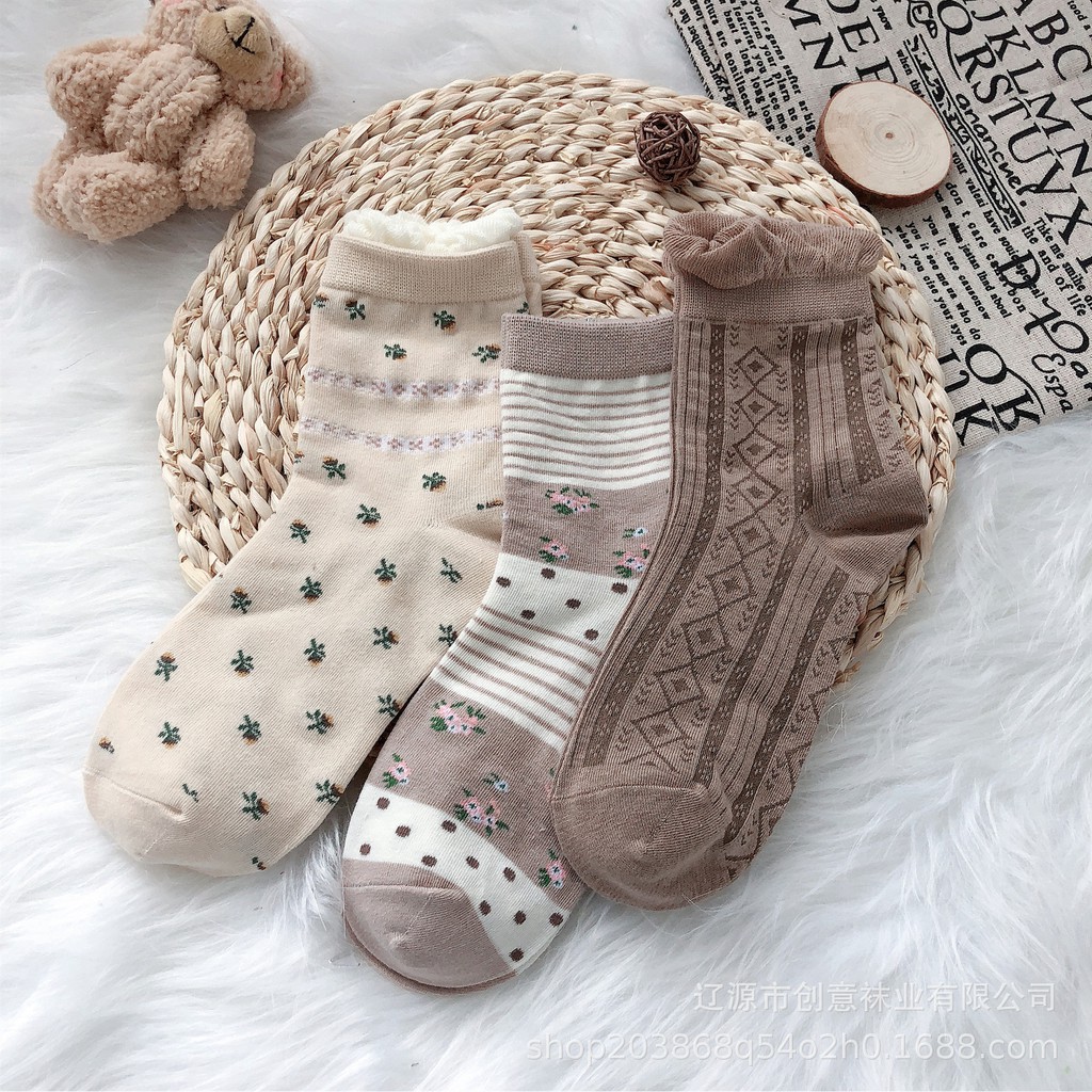 Vớ cổ cao nữ In hình Họa tiết Họa hình Cotton Ulzzang Hàn Quốc Tất cổ cao nữ Thu Đông Dễ thương Nhật Bản