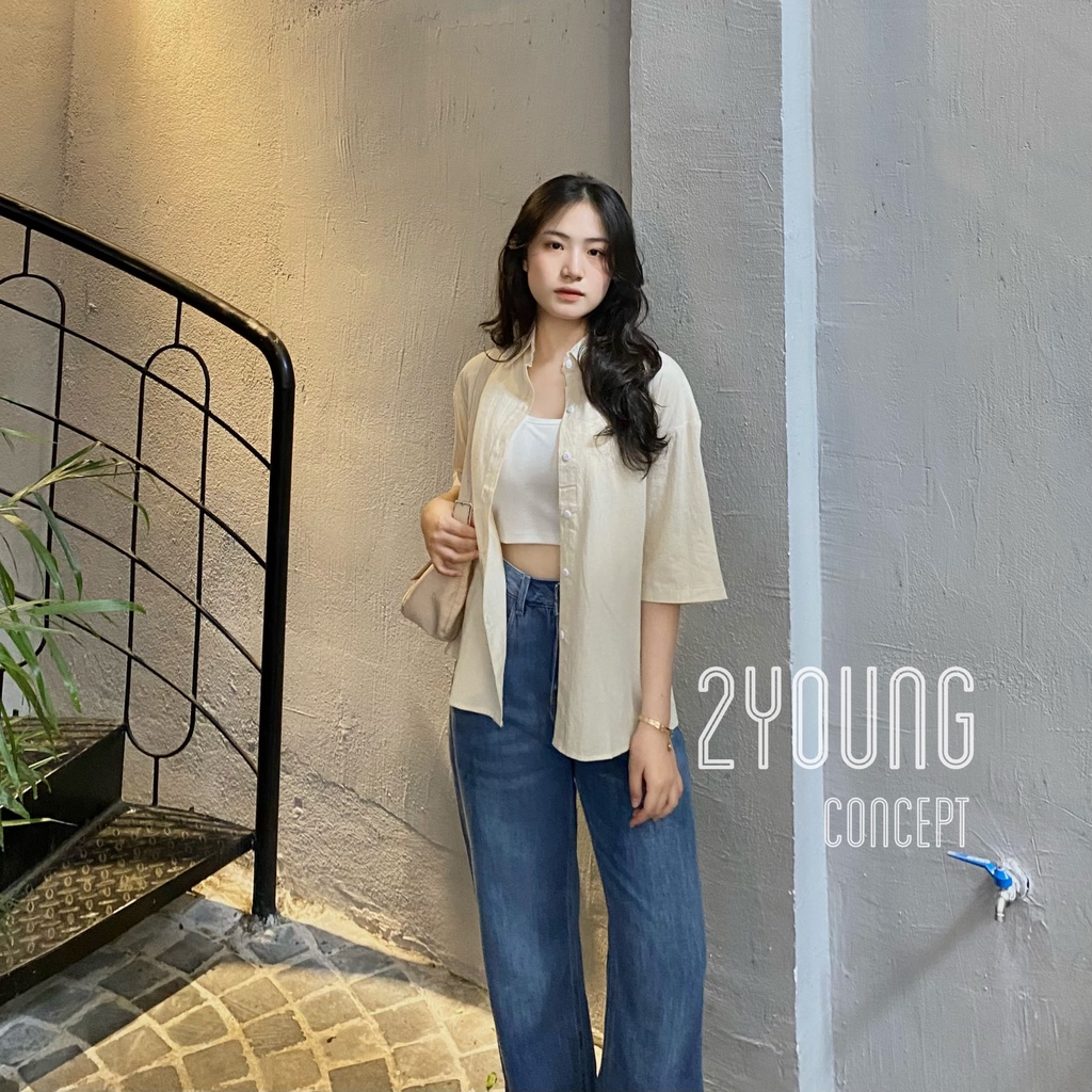 Áo sơ mi basic giấy tay ngắn [2YOUNG] A1611 (ảnh thật)