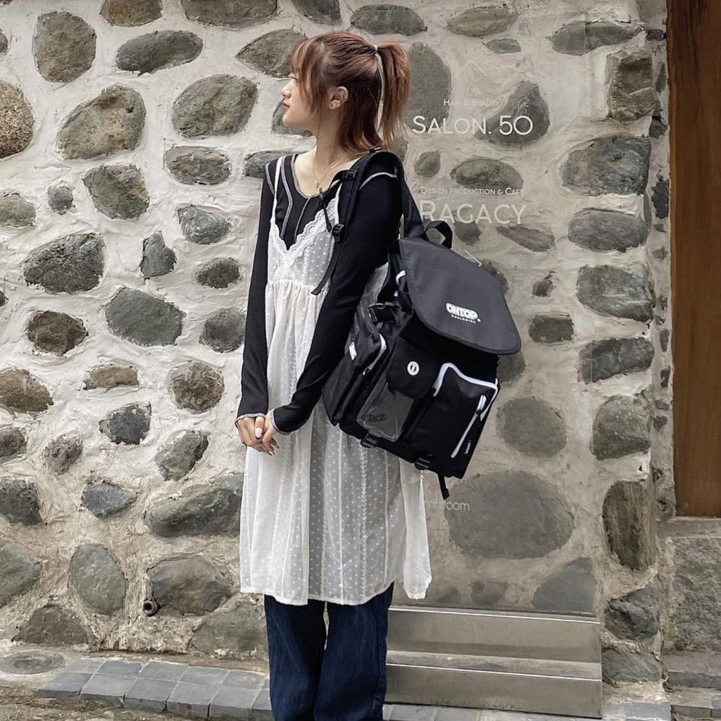 Balo nam đi học đen, nắp gập vải canvas local brand ONTOP - RENEW Backpack I O-P024