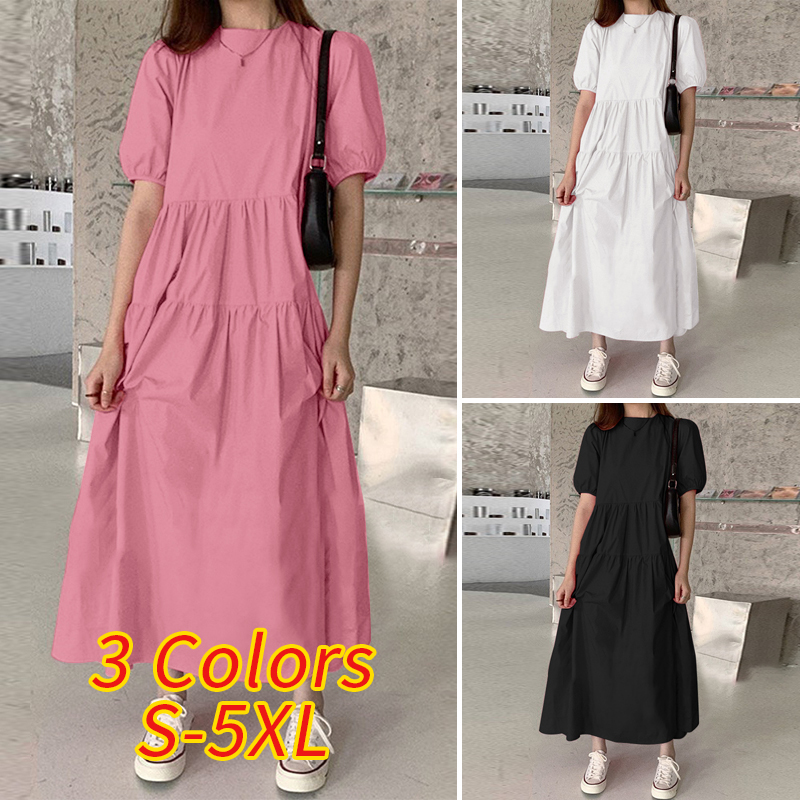 ZANZEA Women Leisure Loose Puff Sleeve Pleated Solid Color Party Maxi Dresses