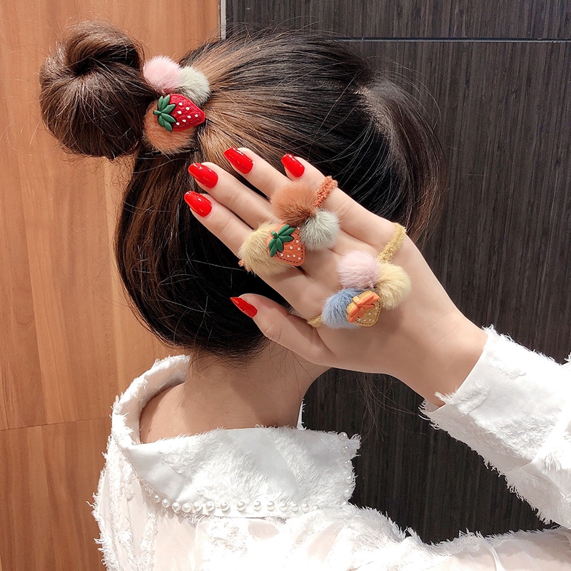 Dây buộc tóc đính quả banh lông và mặt hình trái cây phong cách Hàn Quốc cho nữ