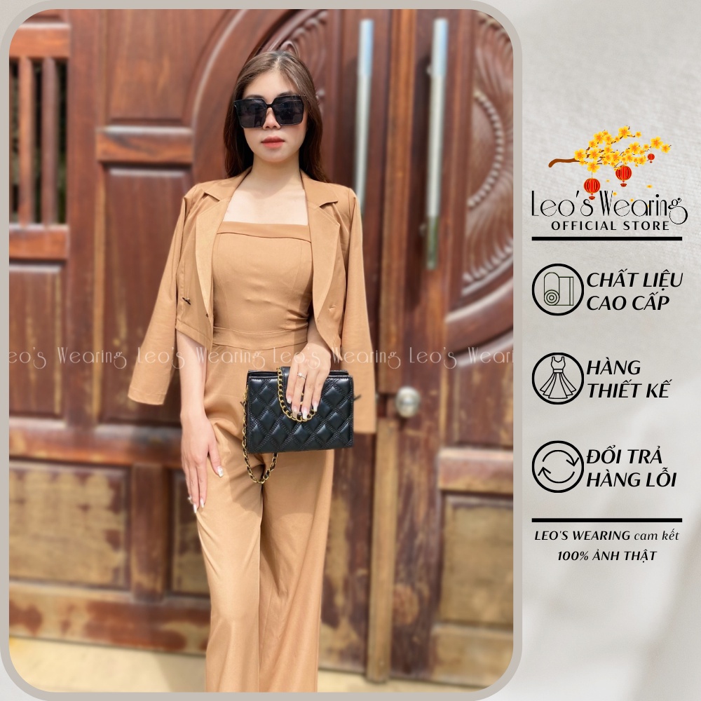 Bộ Jumsuit áo 2 dây liền quần ống rộng kèm áo khoác màu nâu LEOSWEARING Chất lụa trượt mềm mặc văn phòng đi tiệc H94