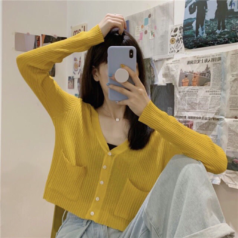áo len mông cardigan dài tay phối 2 túi (2266#)