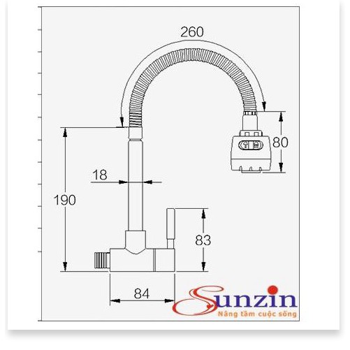 Vòi rửa chén cắm tường cần sun Sunzin, inox 304, tặng thêm 01 cuộn băng tan