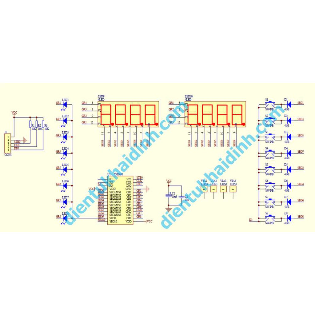 Module Led &amp; Key TM1638 8 Led 8 Key dùng cho Arduino/ VĐK… kde0302