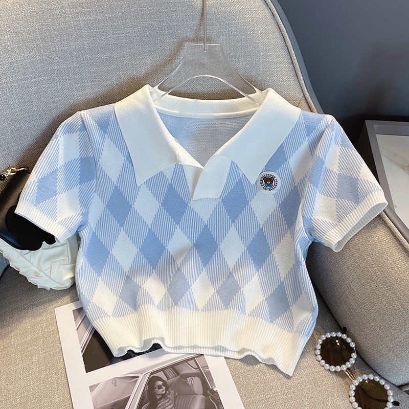 Áo Thun Lụa Lạnh Tay Ngắn Cổ POLO Màu Sắc Tương Phản Thời Trang Mùa Hè Dành Cho Nữ