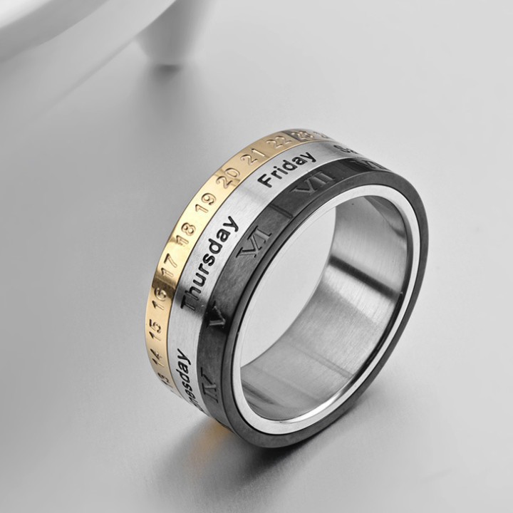 Nhẫn Nam 3 Màu In Thứ Ngày Tháng Titan Ko Đen TT 1376