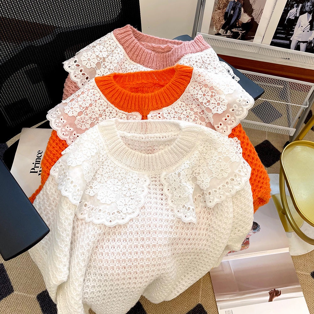 Áo sweater Cổ Búp Bê Phối Ren Rỗng Thiết Kế Thanh Lịch Cho Nữ