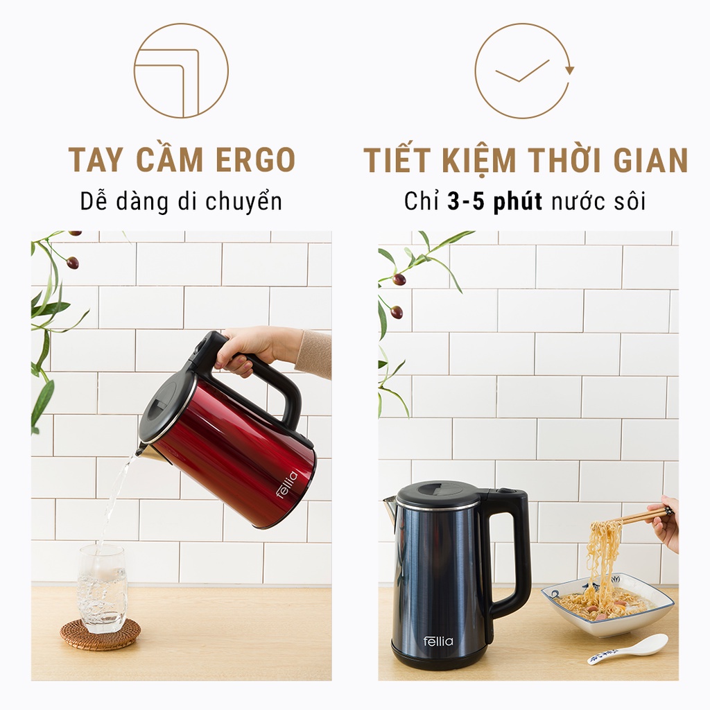 Ấm đun siêu tốc Fellia K161- Thành bình 3 lớp cách nhiệt an toàn - Màu xanh/đỏ - Bảo hành 18 tháng