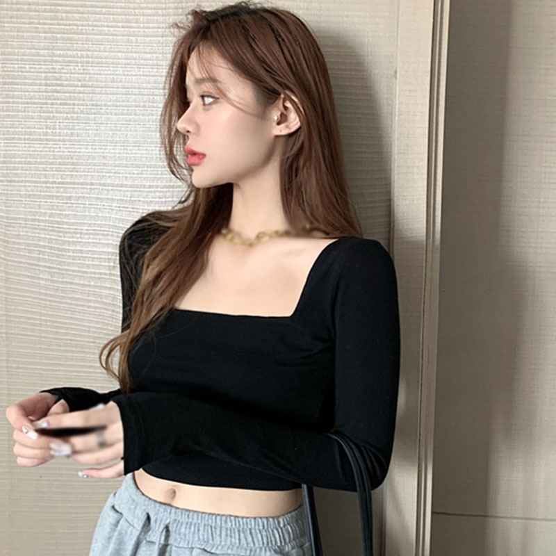 Áo Croptop Tay Dài Cổ Vuông Màu Trơn Co Giãn Phong Cách Hàn Quốc 3 Màu Tùy Chọn