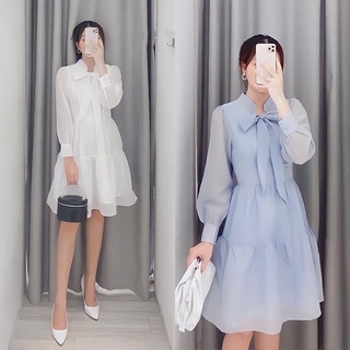 Đầm đi tiệc TANA D0139 đầm voan tay phồng nơ cổ 2 màu Trắng và Xanh mặc đi tiệc, đi chơi, du lịch
