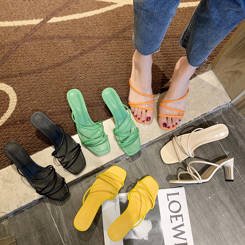 ✸✑✟High-heeled slippers female summer wear 2021 new fashion ladies all-match non-slip thick-heeled sandals and slippers that can be wet