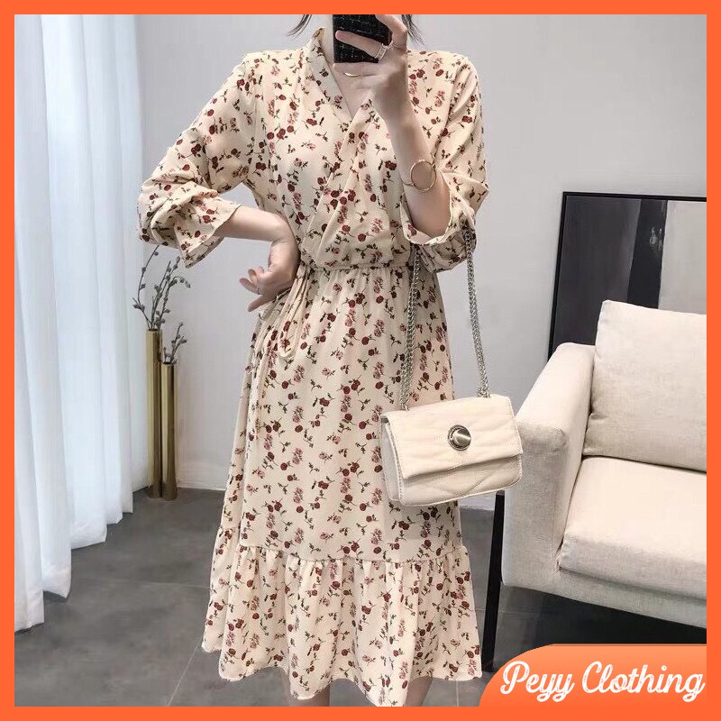 Đầm hoa nhí kiểu đuôi cá bánh bèo vintage chất voan mát mẻ phong cách ulzzang Hàn Quốc V14 - Peyy Clothing