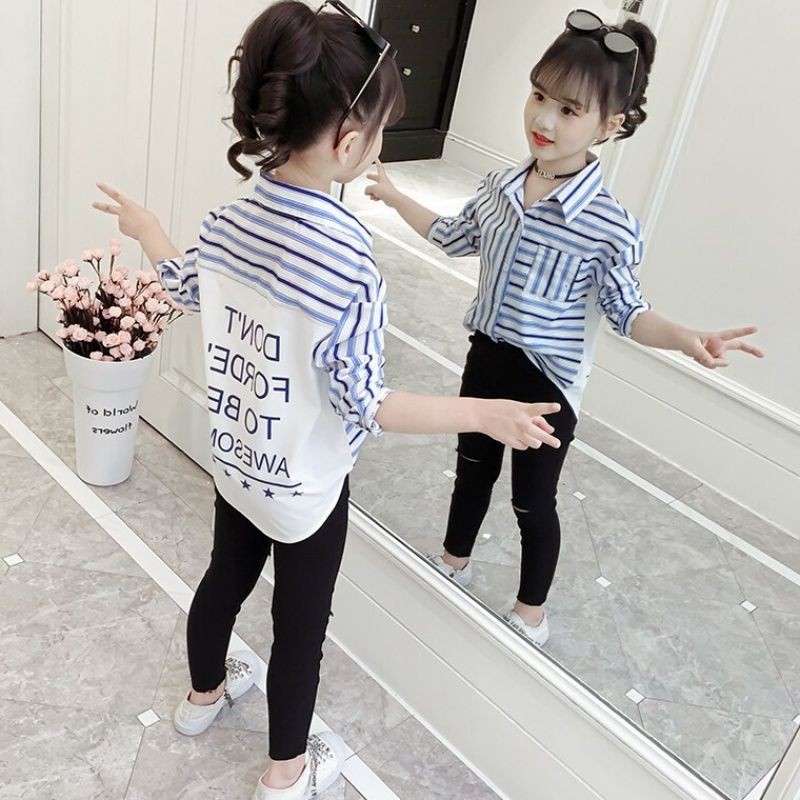 Áo Sơ Mi Tay Dài Họa Tiết Kẻ Sọc Phong Cách Hàn Quốc Xinh Xắn Cho Bé Gái