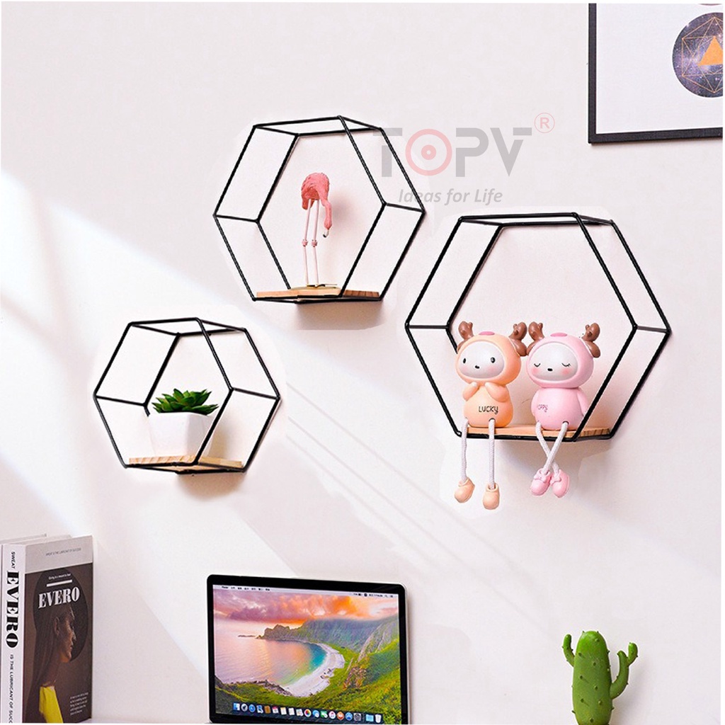 Kệ treo tường TopV trang trí phòng khách khung sắt lục giác decor sơn tĩnh điện ban_ghe_cute