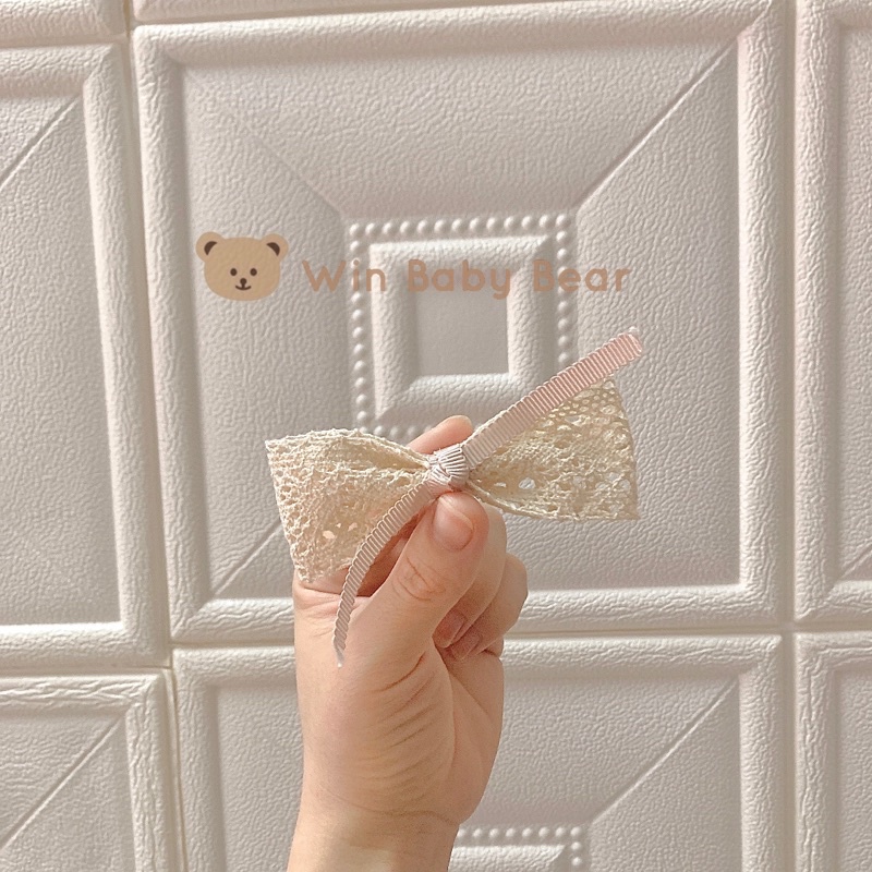 Kẹp tóc nơ ren handmade màu beige hàn quốc
