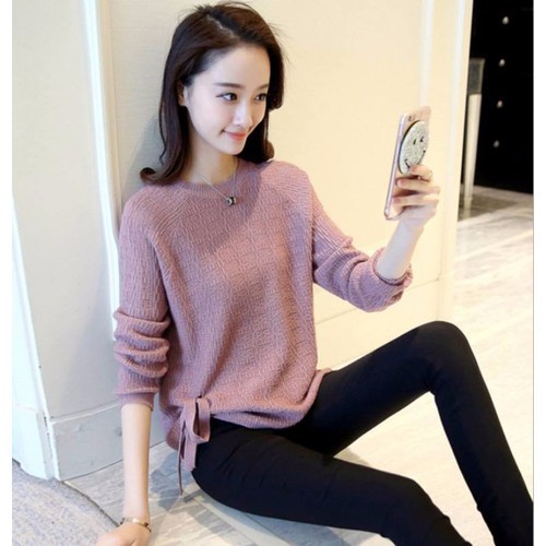 Áo len nữ hàn quốc from rộng cổ tròn dài tay chất đẹp,cột dây xinh xắn Al16