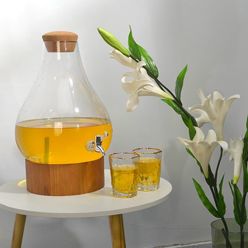 Bình đựng nước uống thuỷ tinh hình bầu có vòi vặn,đế gỗ dung tích 10 lít
