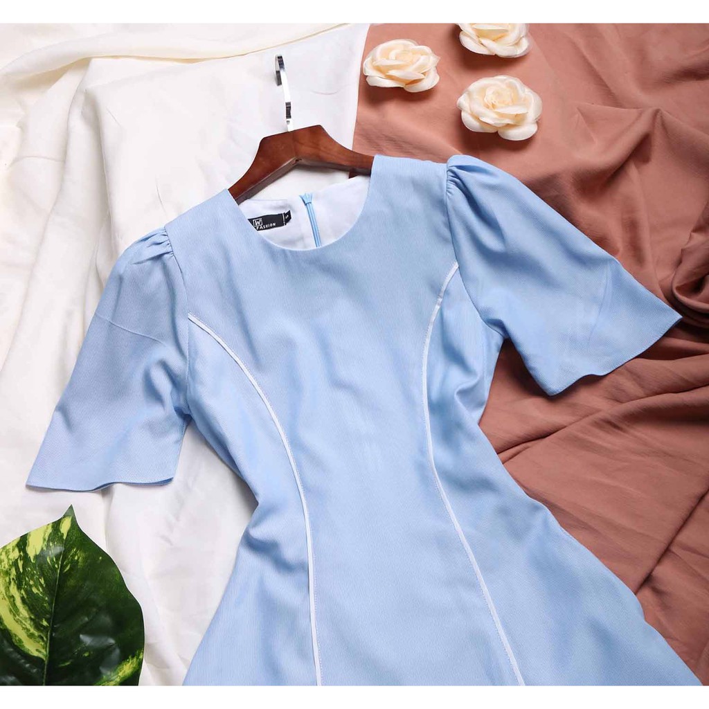 Đầm công sở nữ xanh dương thiết kế dáng xòe tay ngắn CHO EO THON DÁNG ĐẸP may 2 lớp vải cao cấp thời trang công sở dtiệc
