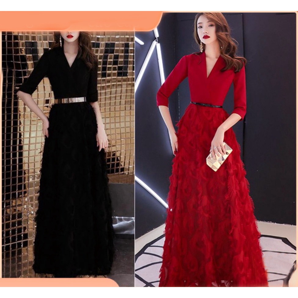 Đầm Váy Dạ Hội Dự Tiệc Dáng Dài Cổ V Phối Lông Công Sang Trọng