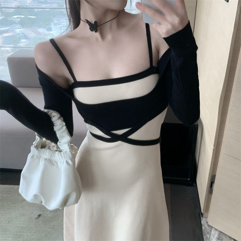 Sẵn hồng nude váy len suông