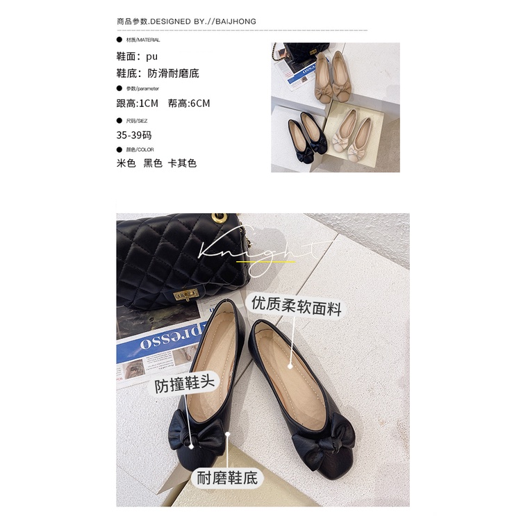 Giày búp bê da mềm mũi vuông đính nơ xinh xắn dễ thương cho nữ