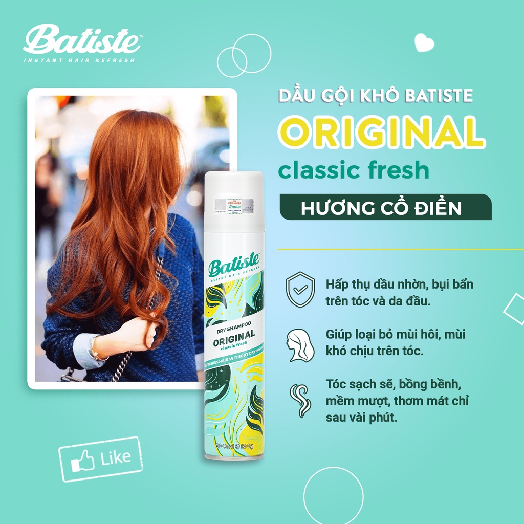 Dầu Gội Khô Hương Cổ Điển Batiste Dry Shampoo Clean & Classic Original 200ml