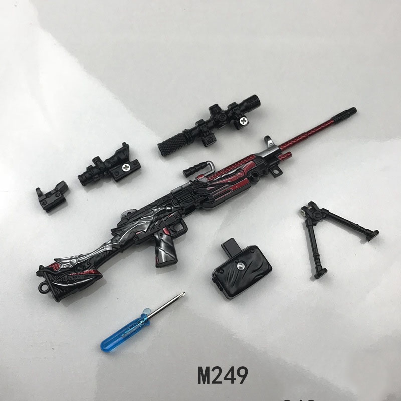 Mô hình M249 pubg kim loại lắp ráp mini nhiều skin độc đáo dài 20cm đồ chơi lắp ghép tặng kèm kệ đỡ trưng bày