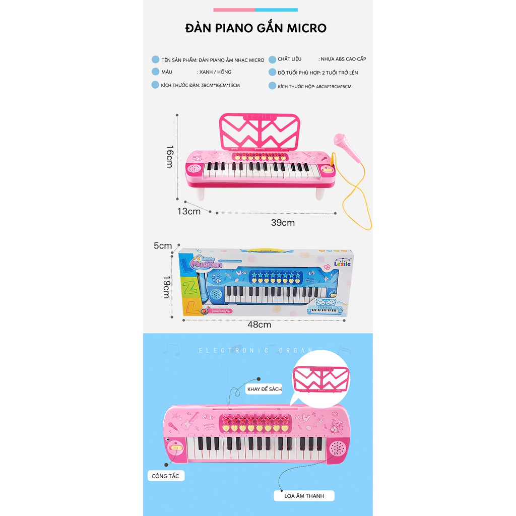 Đàn Piano mini 48 phím kèm Micro cho bé, đồ chơi âm nhạc trẻ em đàn organ nhập vai làm ca sĩ, chất liệu nhựa ABS an toàn