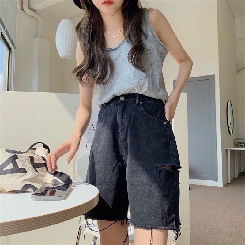 Bigsize (S đến 35) Quần Short Ngố Bò Đen Ống Rộng Rách Sườn VNXK VÀ trơn Ms 44- TC Shop jeans