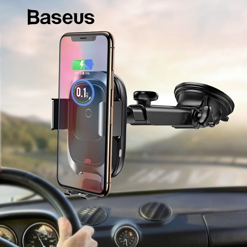 Đế giữ điện thoại trên xe hơi tích hợp sạc không dây Baseus Smart Vehicle Bracket tặng Lọ tinh dầu xịt thơm xe 100ml