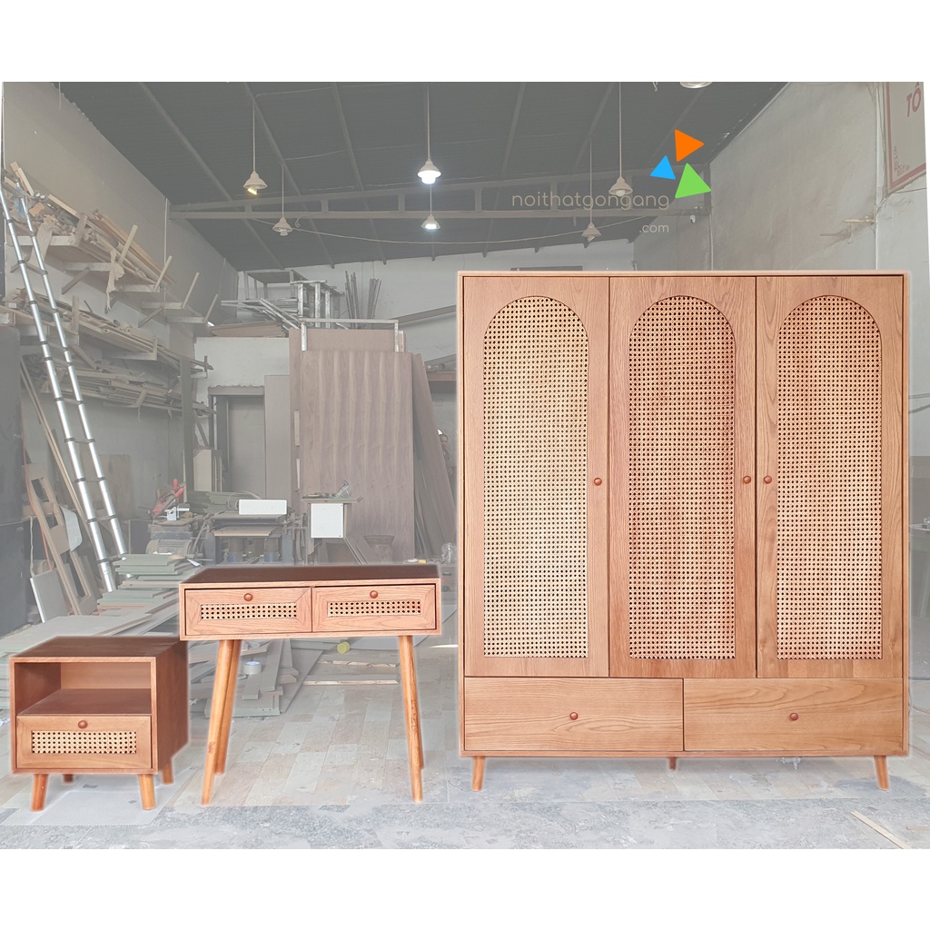 Combo Tủ Áo, Bàn Trang Điểm, Tab Đầu Giường Mây Mắt Cáo- Nội Thất Gọn Gàng