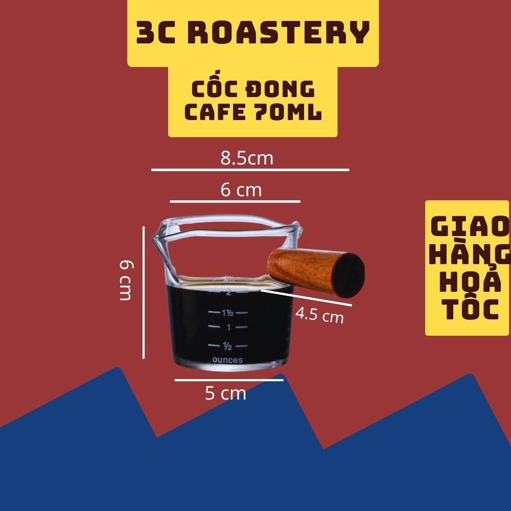 Cốc đong cà phê cán gỗ 3C ROASTERY vạch đong 70ml có vạch chia rót 2 miệng chất liệu thủy tinh bền đẹp, chắc chắn