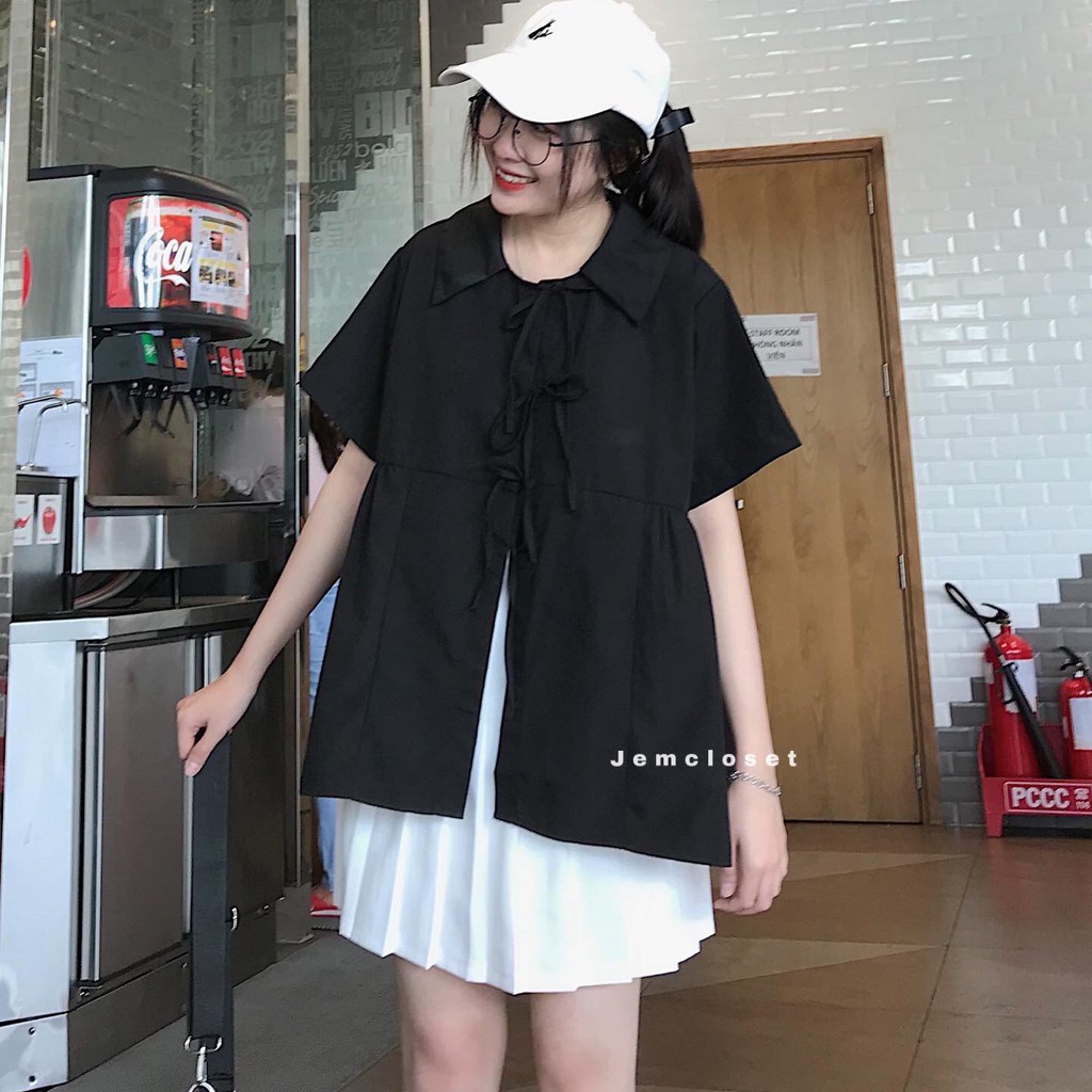 Áo Babydoll Xẻ Tà JEM CLOSET Form Rộng Áo Kiểu Babydoll Hai Màu Trắng Và Đen Cá Tính Mix Đồ Siêu Xinh Poppin 10044